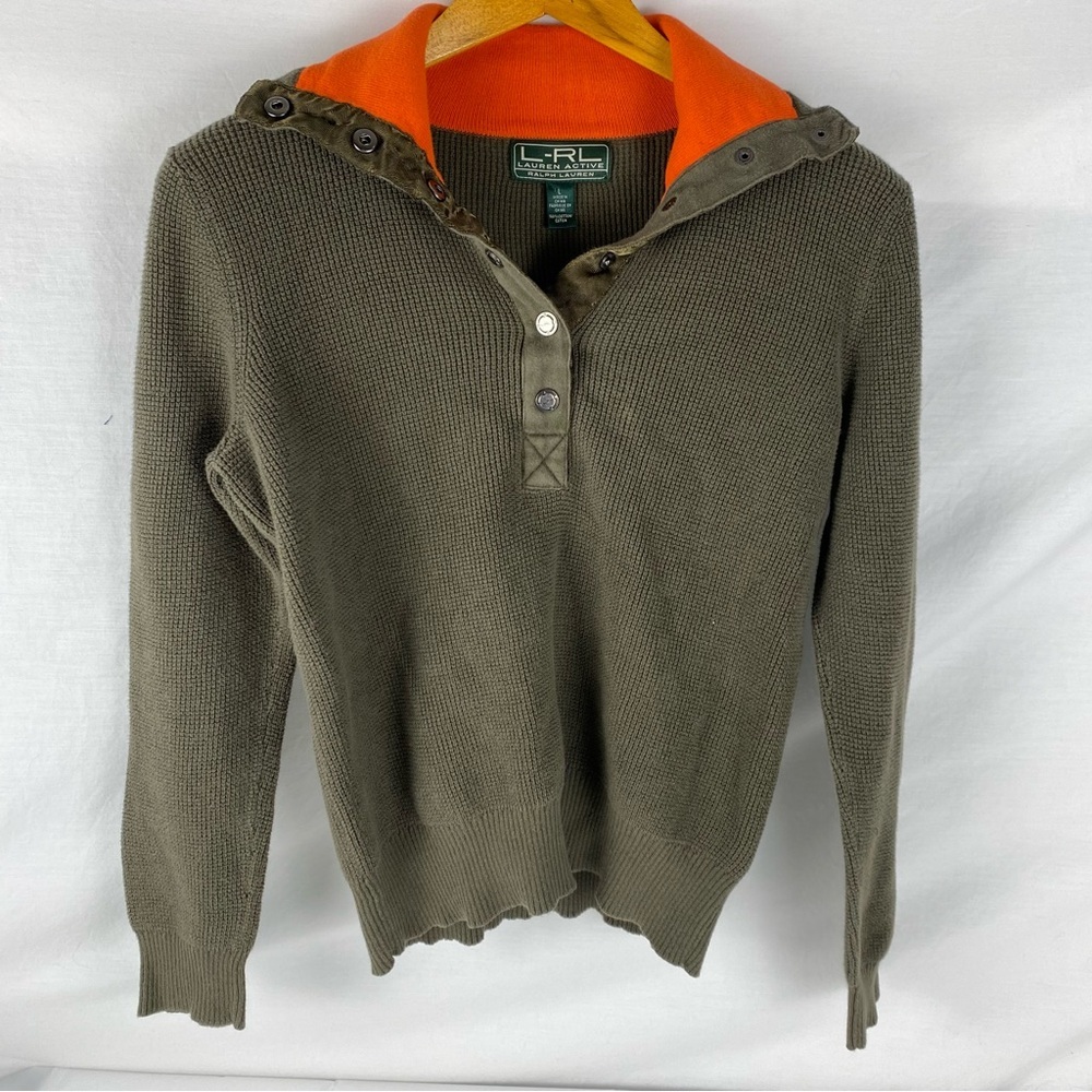 Ralph Lauren LRL Preppy Equestrian Cotton Henley Sweater Olive Orange L